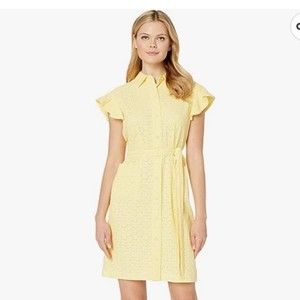 Calvin Klein Eyelet Button Down Shirt Dress Yellow Flutter Short Sleeve NWOT